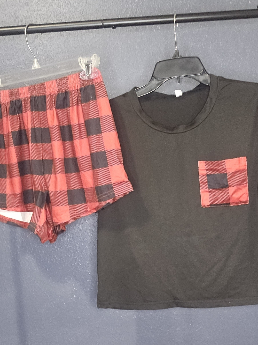 SHEIN Black Top with Red Buffalo Plaid Pocket and Matching Red Plaid Shorts